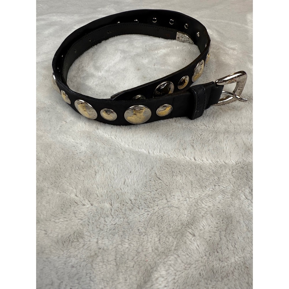 Vintage Bonwit Teller‎ Mens Black Leather Coin Medallion Belt Made in Italy 36in